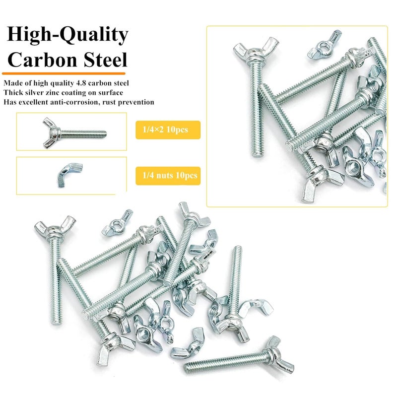 Matrelt 20 Pcs 1/4"-20 x2 Wing Screw Bolts and Wing Nut Kit Butterfly Screws and Nut with Hand Twist Tighten Wing Head Zinc Plated Hardware Fitting Fastenings Assortment Kit - Image 3